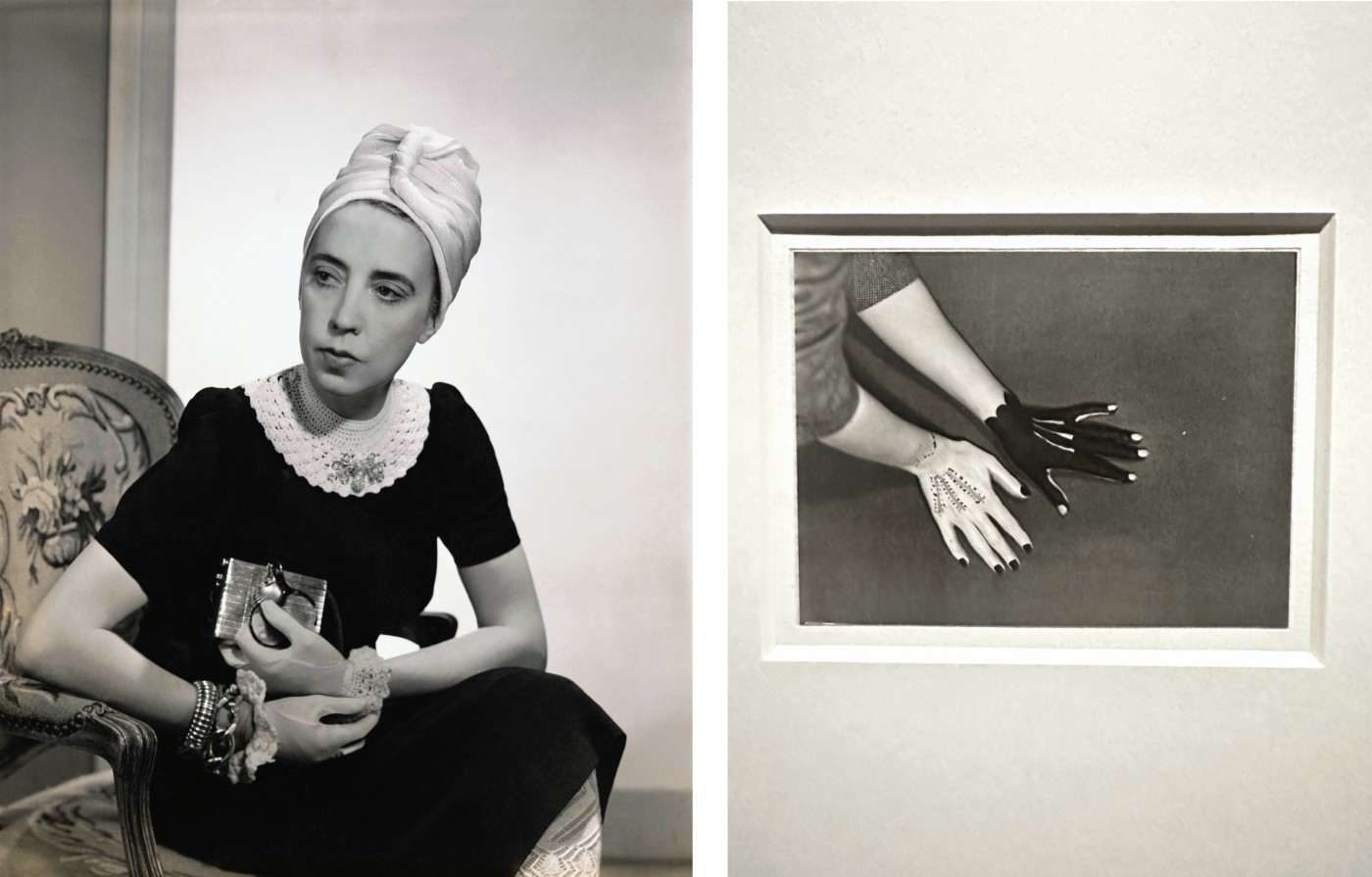 (LEFT) Vogue 1940; Designer Elsa Schiaparelli wearing black silk dress with crocheted collar of her own design and a turban (© Photo by Fredrich BakerCondé Nast via Getty Images) <br />
<br />
(RIGHT) Man Ray-Hands painted by Pablo Picasso 1935, Gelatine silver print. Centre Pompidor. ©Jane Francis <br />